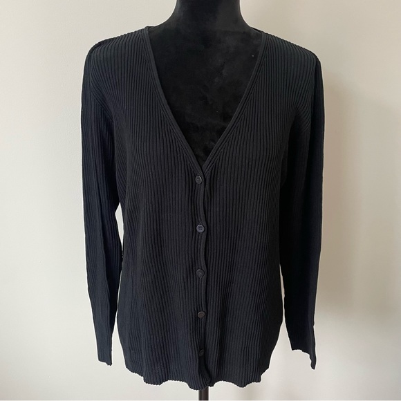 Eileen Fisher Sweaters - Eileen Fisher Black System 100% Cotton Ribbed V-Neck Button Front Cardigan Sz L